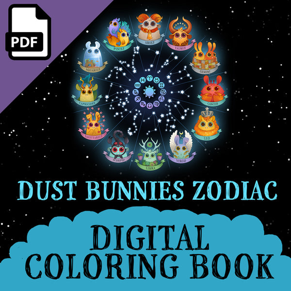 The cover of "Dust Bunnies Zodiac Digital Coloring Book" by Amanda L Spayd features cute dust bunnies representing zodiac signs in a circle on a starry background, with a PDF download icon in the corner.