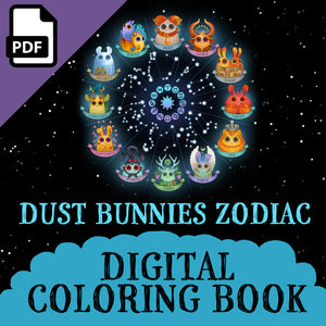 Explore the cosmic world of cuteness with the 'Dust Bunnies Zodiac Digital Coloring Book' by Bindlewood Shop – your delightful guide to astrological creativity!