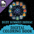 The cover of "Dust Bunnies Zodiac Digital Coloring Book" by Amanda L Spayd features cute dust bunnies representing zodiac signs in a circle on a starry background, with a PDF download icon in the corner.