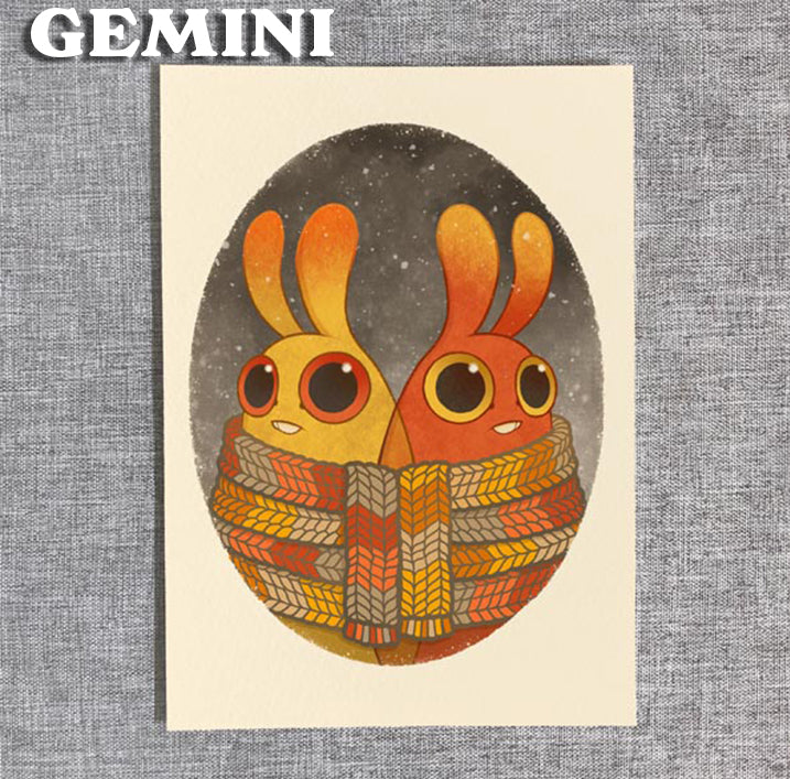 A "GEMINI" illustration from Zodiac Prints by Amanda Louise Spayd (Bindlewood Shop) features two bunny-like creatures in orange and yellow fur wrapped in a colorful scarf, printed as zodiac art on textured archival paper.