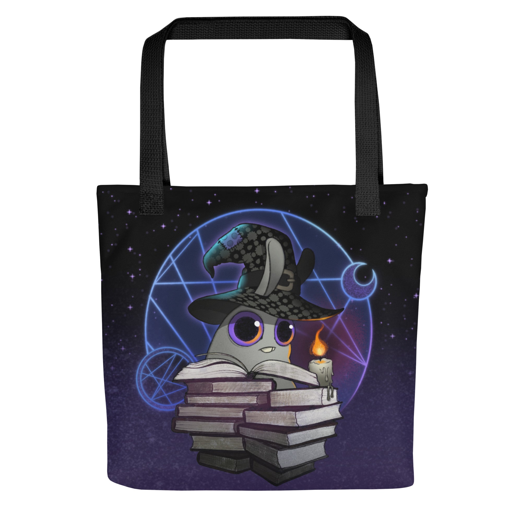 The Mystical Witchbunny Tote by Bindlewood Shop features a magical bunny in a wizard hat among books, candle in paw, with glowing symbols and stars—ideal for Amanda Louise Spayd fans or anyone who loves enchanting accessories.