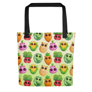 A Bindlewood Shop tote bag with a colorful pattern of cute, anthropomorphized fruits and vegetables with cheerful faces, crafted from durable fabric.