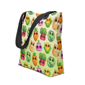 Colorful tote bag with a vibrant All the Veggies Tote pattern of cartoon fruits and vegetables with cute faces on durable fabric from Bindlewood Shop.