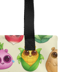 A colorful All the Veggies Tote bag with a quirky design featuring animated fruits and vegetables wearing sunglasses, crafted from durable fabric by Bindlewood Shop.