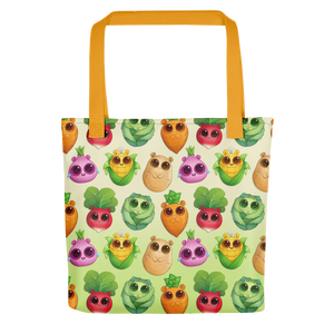 Colorful All the Veggies Tote bag featuring an array of cute, anthropomorphic fruit and vegetable characters on a light background, crafted from durable fabric by Bindlewood Shop.