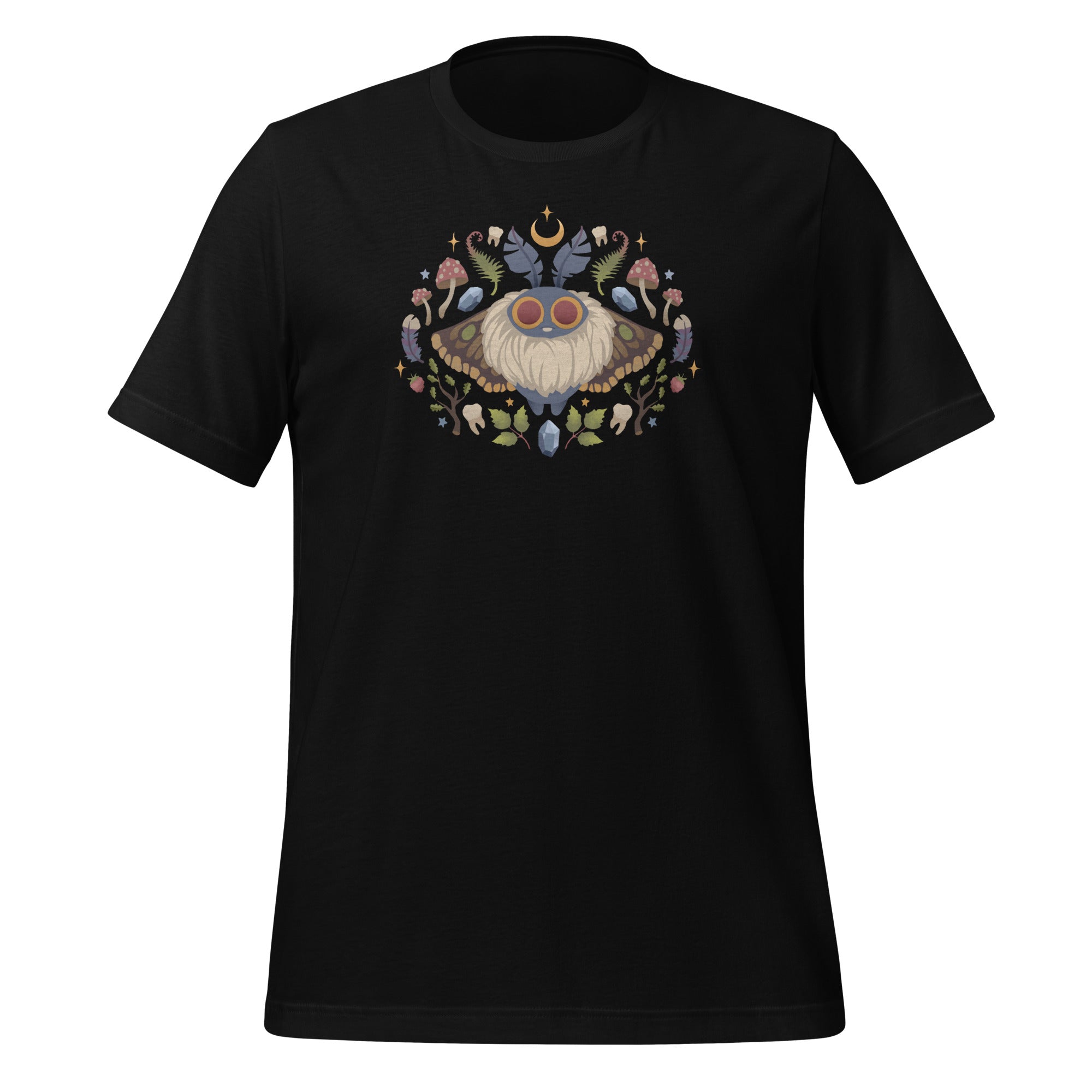 The Moth Magic Tee from Bindlewood Shop features a symmetrical moth with red eyes among vibrant flowers, leaves, mushrooms, and crystals beneath a crescent moon. Designed by Amanda Louise Spayd, this black tee offers a comfy gender-neutral fit and forest magic flair.