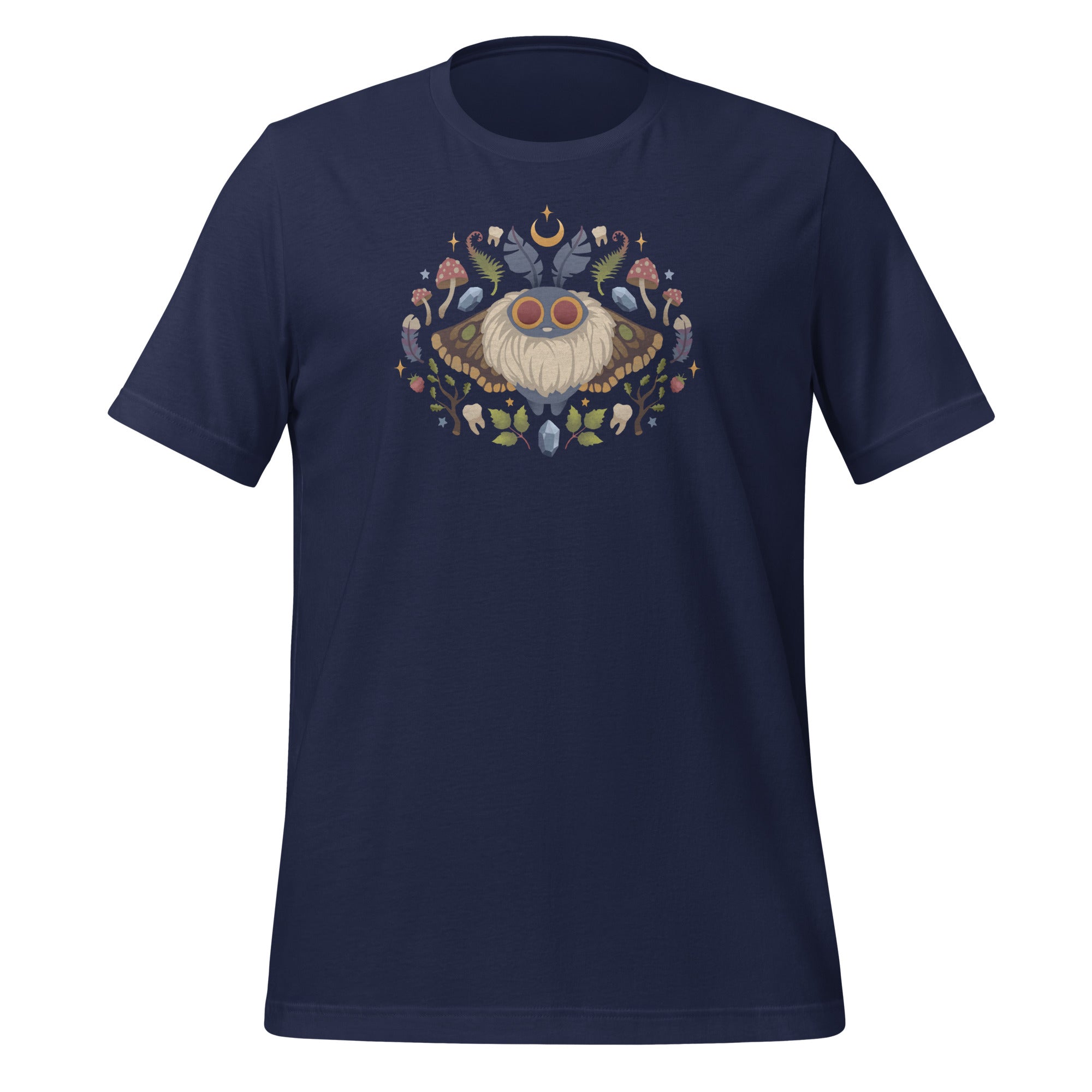 The Moth Magic Tee from Bindlewood Shop is a navy blue shirt with a colorful moth graphic, red eyes, botanical details, mushrooms, and a crescent moon above its head.