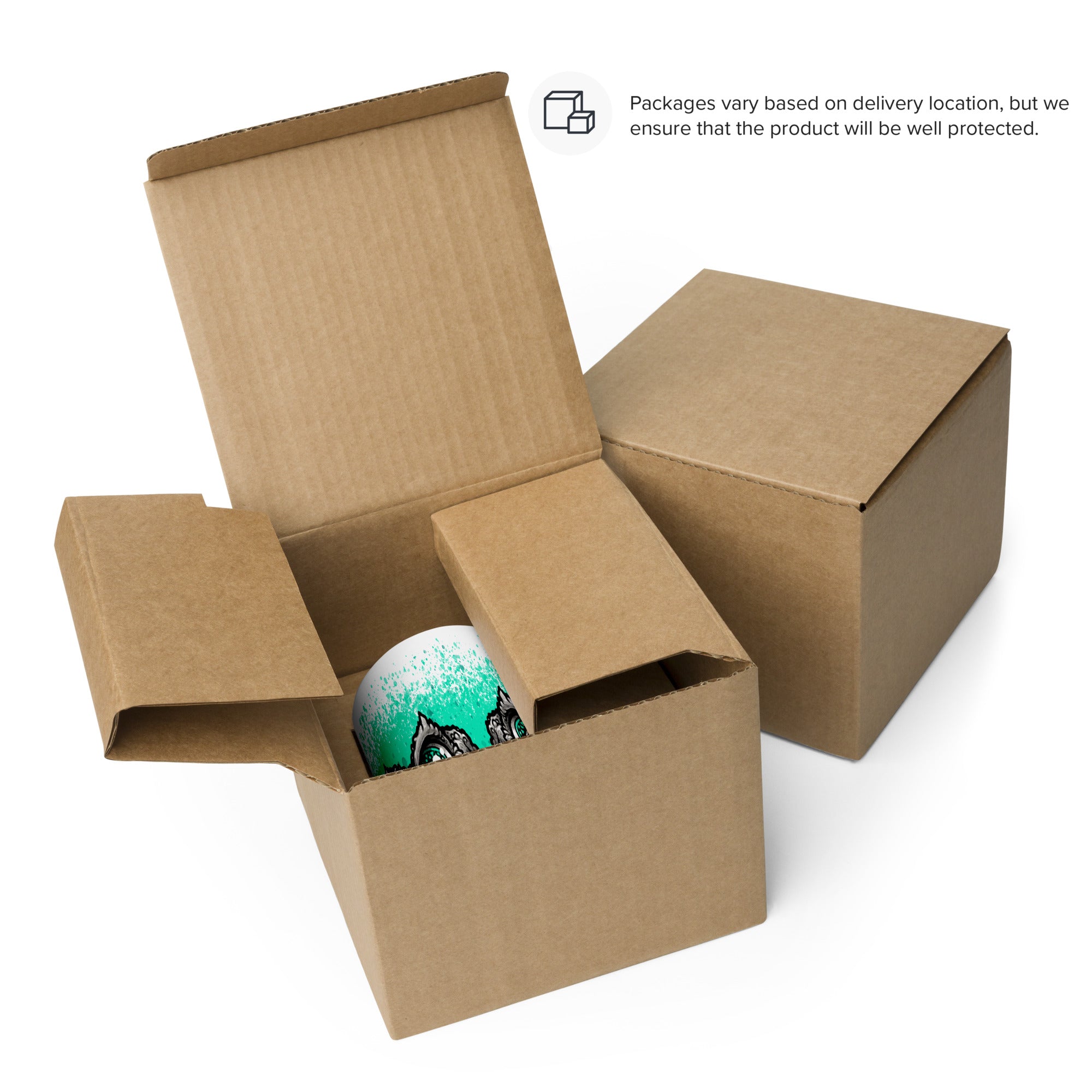 Two brown Bindlewood Shop cardboard boxes—one open to reveal a Tode Mug featuring blue and black collectible art, and one closed. A message reads, “Packages vary based on delivery location, but we ensure the Tode Mug will be well protected.”.