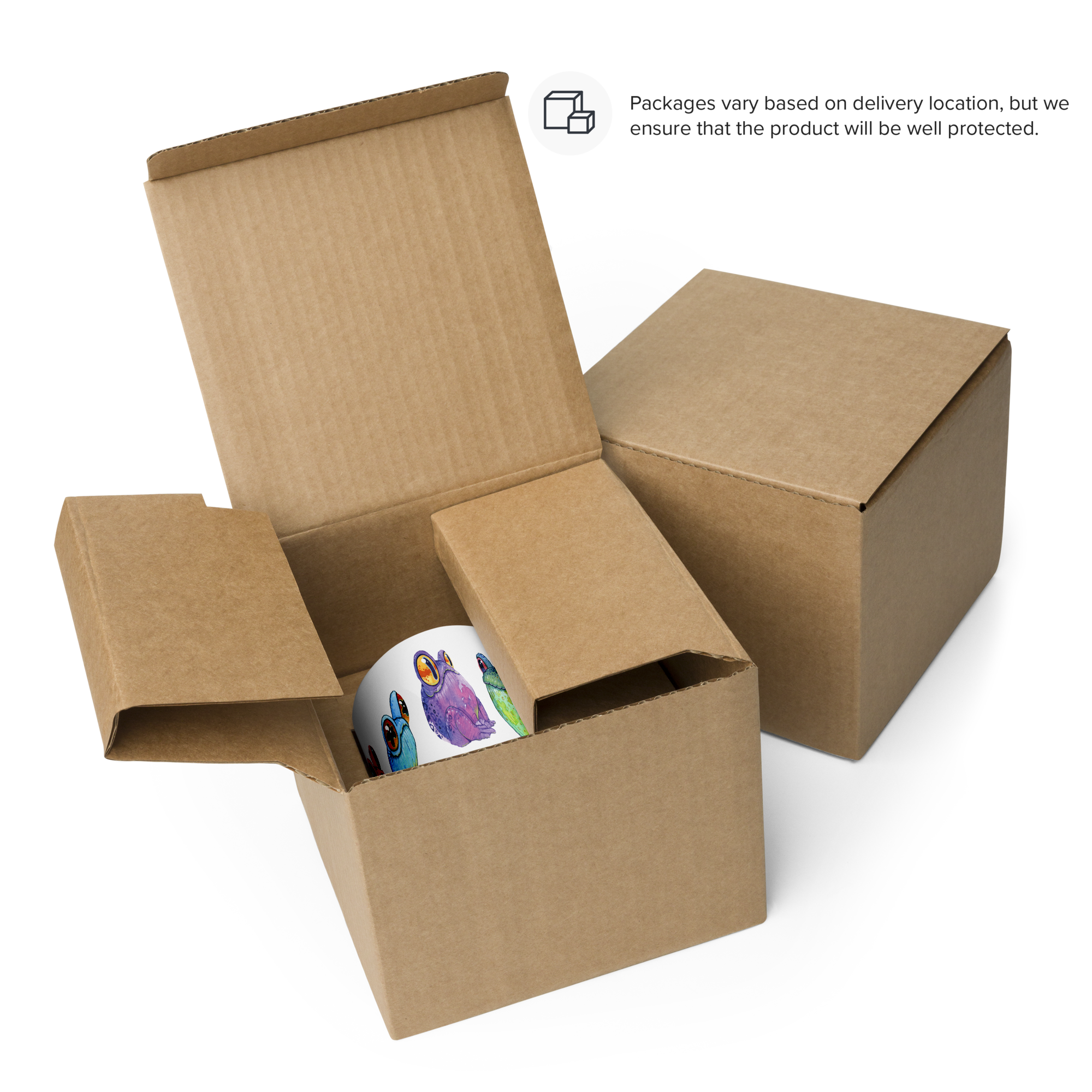 A collection of ornate, colorful Bindlewood Shop Frog Frenzy mugs carefully nestled inside an open cardboard box, with a message ensuring product protection during delivery.