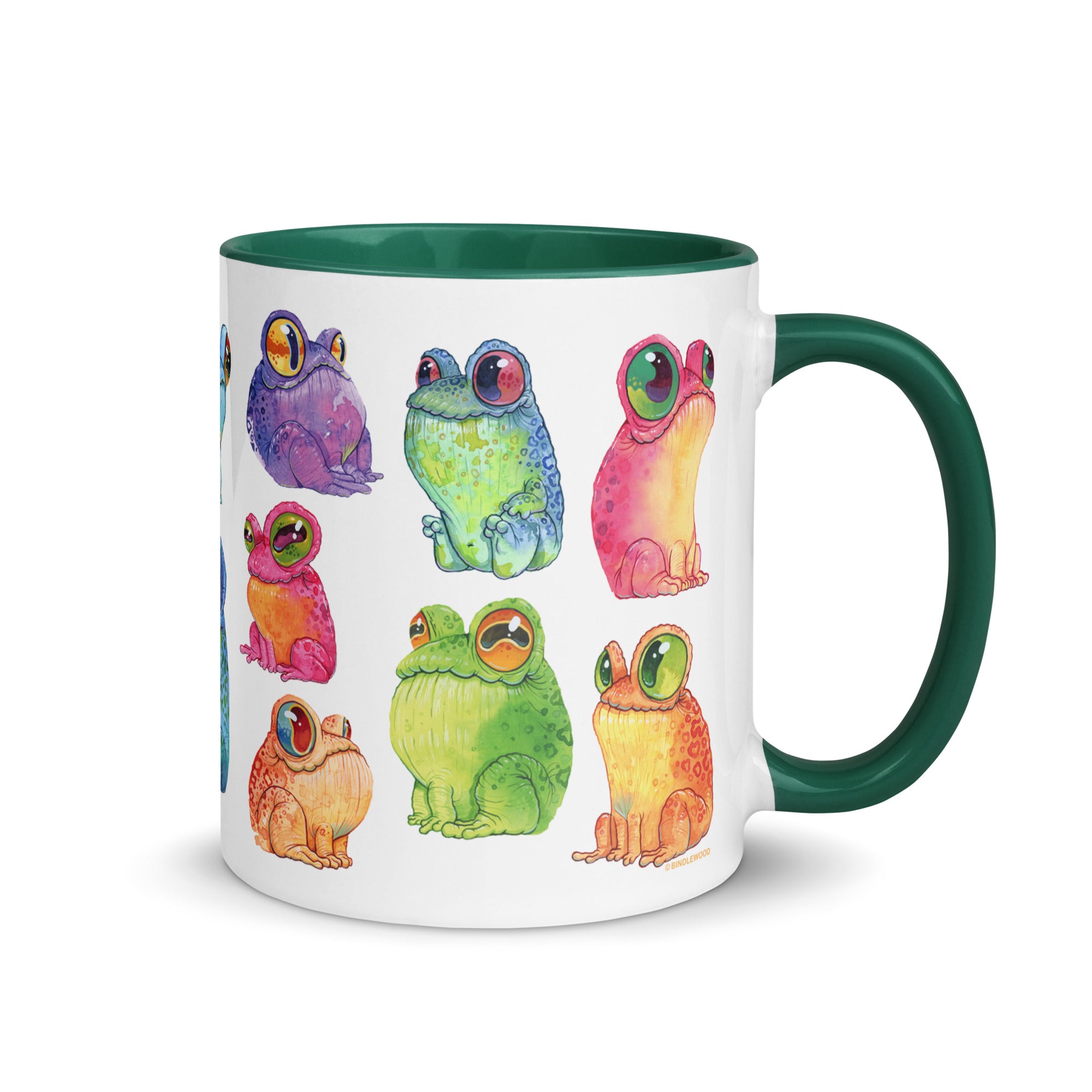 A white ceramic Frog Frenzy Mug adorned with colorful, whimsical illustrations of frogs in various hues and poses, featuring the unique Chris Ryniak watercolor frog paintings from Bindlewood Shop.