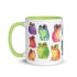 A vibrant ceramic Frog Frenzy Mug adorned with colorful whimsical illustrations of frogs in various hues and poses, featuring prints to order from Chris Ryniak's watercolor frog paintings at Bindlewood Shop.