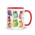 A colorful ceramic Frog Frenzy Mug adorned with whimsical illustrations of vibrant frogs in various poses, inspired by Chris Ryniak watercolor frog paintings, from Bindlewood Shop.