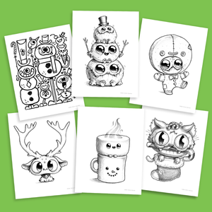 A collection of whimsical black-and-white illustrations showcasing various cute and quirky characters, some with winter or Christmas themes, by Chris Ryniak in the Christmas Digital Coloring Book.