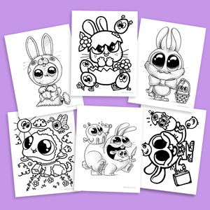 A collection of six whimsical and intricately designed Easter-themed bunny coloring pages by Chris Ryniak, each adorned with unique patterns and accessories, awaiting a splash of color as the Easter Digital Coloring Pack by Chris Ryniak in PDF download.