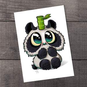 Quirky and cute: adorable panda with big, soulful eyes wearing a green hat from Thimblestump Hollow. "Bamboo Bear" Print by Chris Ryniak.