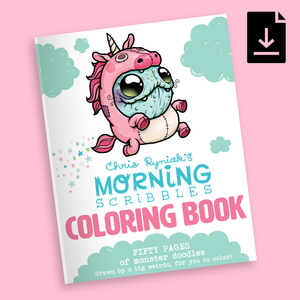 An illustrated book cover for "Chris Ryniak's Morning Scribbles Digital Coloring Book, Vol. 1" featuring a cute pink monster with a unicorn horn and big eyes, set against a sky with clouds and stars