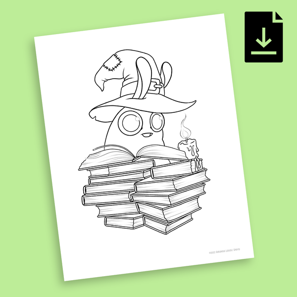 Wide-eyed cartoon character in a wizard hat peeks over books with a candle—FREE! Book Witch Coloring Page by Amanda L Spayd, perfect for coloring or printing, on a green background.