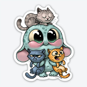 Sticker illustration of a cute, teal elephant with large, glossy eyes and pink ears, playfully covered by the Bindlewood Shop All The Cats Sticker, each displaying unique expressions.