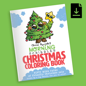 Colorful cover of Chris Ryniak's 'Christmas Digital Coloring Book,' featuring a charmingly quirky illustration of a Christmas tree with big, expressive eyes and a cute bird.