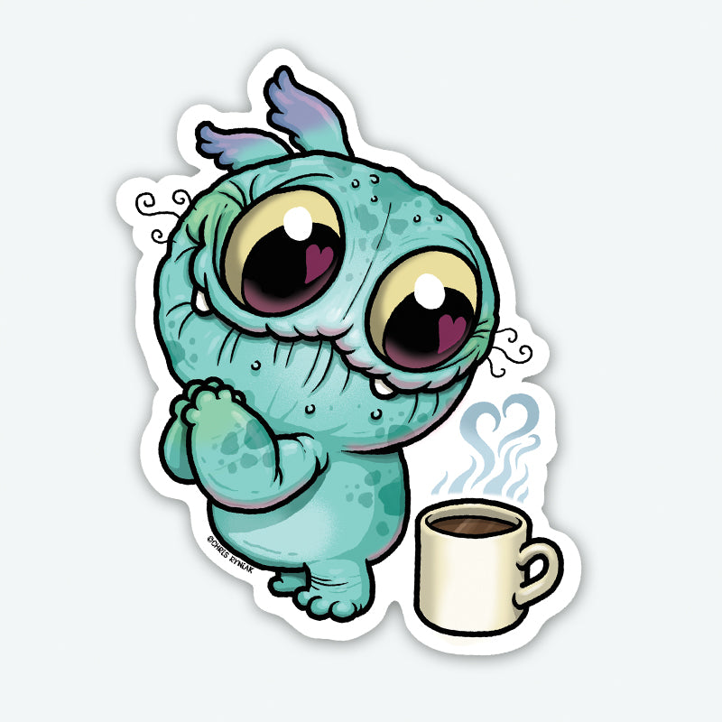 The Coffee Love Sticker by Bindlewood Shop features a cute teal cartoon monster with big eyes, tiny wings, and small fangs standing by a steaming coffee mug on durable matte-finish vinyl.