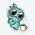 The Coffee Love Sticker by Bindlewood Shop features a cute teal cartoon monster with big eyes, tiny wings, and small fangs standing by a steaming coffee mug on durable matte-finish vinyl.