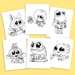 A collection of six cute and whimsical black and white Frogs & Friends Digital Coloring Book, Vol. 1 from Bindlewood Shop, each with its own unique and playful design, ready for coloring as a downloadable PDF.