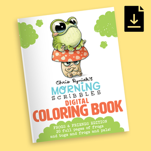 A whimsical downloadable coloring book cover featuring a stack of cute illustrated characters, including a frog on a mushroom and a friendly worm, from Bindlewood Shop's 'Frogs & Friends Digital Coloring Book, Vol. 1' series