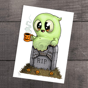 A cute bindlewood ghostly character enjoying a warm beverage while perched on a tombstone with the inscription "rip," surrounded by a few scattered flowers featuring the "Good Mourning" print by Chris Ryniak.