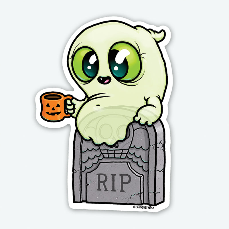The "Good Mourning Sticker" from Bindlewood Shop features a cute green ghost with big eyes sitting atop a tombstone engraved with "RIP." The ghost holds a mug decorated with a jack-o'-lantern face. This stylized, whimsical image is presented as a high-quality, durable, full-color vinyl sticker, perfect for adding charm to any surface.