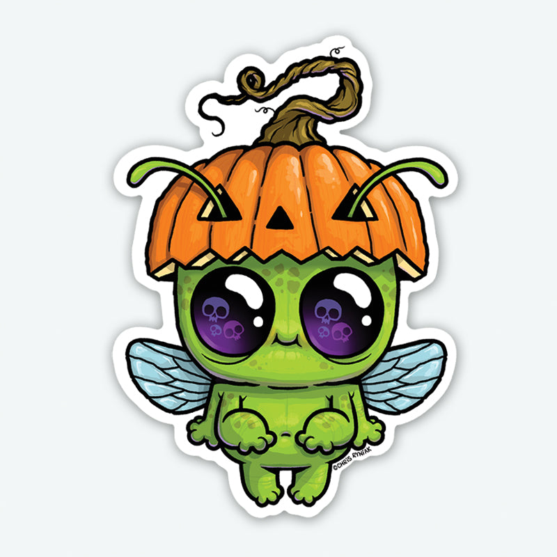 The Gourdbug Sticker by Bindlewood Shop features a cute green cartoon bug with big eyes, blue wings, and a pumpkin jack-o’-lantern hat. This durable vinyl sticker has a smooth matte finish—perfect for decorating your favorite items!.