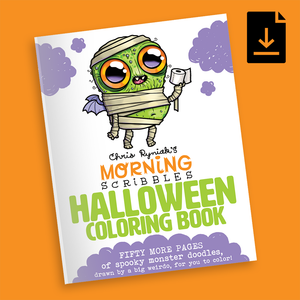 A whimsical Halloween coloring book cover featuring a cute, mummy-wrapped monster with big eyes holding a crayon, titled "Chris Ryniak's Morning Scribbles Halloween Digital Coloring Book".