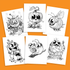 Six black-and-white illustrations of cute, big-eyed Halloween-themed creatures are displayed against an orange background. The creatures include a cat, a pumpkin, a bee, a ghost, a snail, and a cupcake, each with whimsical features and playful expressions from the exclusive Morning Scribbles Coloring Book - Halloween Edition by Bindlewood Shop.