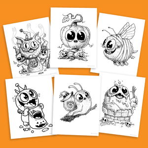 A downloadable PDF coloring book featuring whimsical black and white illustrations by Chris Ryniak, with cute monsters and creatures in playful Halloween-themed scenarios is the Halloween Digital Coloring Book by Chris Ryniak.