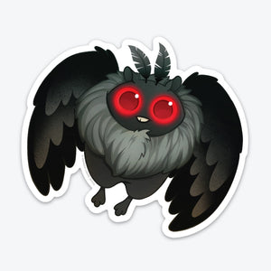 Bindlewood Shop's Mothman Sticker of a cartoon owl with large, glowing red eyes and dark grey feathers. The owl has tiny legs, large spread wings, and two small leaves atop its head. This vinyl sticker features a.