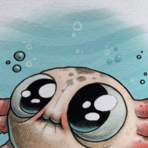 A close-up illustration of a "Axolotl" print from Chris Ryniak, with large, expressive eyes peeking out from under water, surrounded by bubbles.