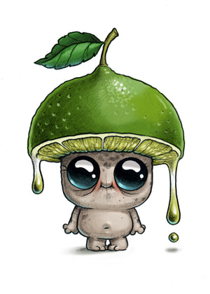 An adorable illustrated character from Thimblestump Hollow with large, expressive eyes wearing an acorn cap as a hat, with a single leaf attached, giving off a charmingly whimsical vibe featuring the "Limeboy" Print by Chris Ryniak.
