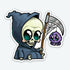 The Lil' Reaper Sticker by Bindlewood Shop features a cute cartoon grim reaper with big green eyes, a scythe with a spider web and purple spider, and a dark hooded cloak. Its matte finish makes it stylish and durable for any surface.