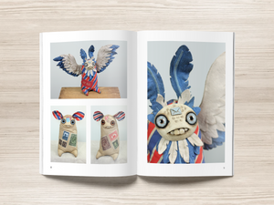 An open "Making Friends" book displaying whimsical and colorful handmade characters by Amanda Spayd on a wooden background from Bindlewood Shop.