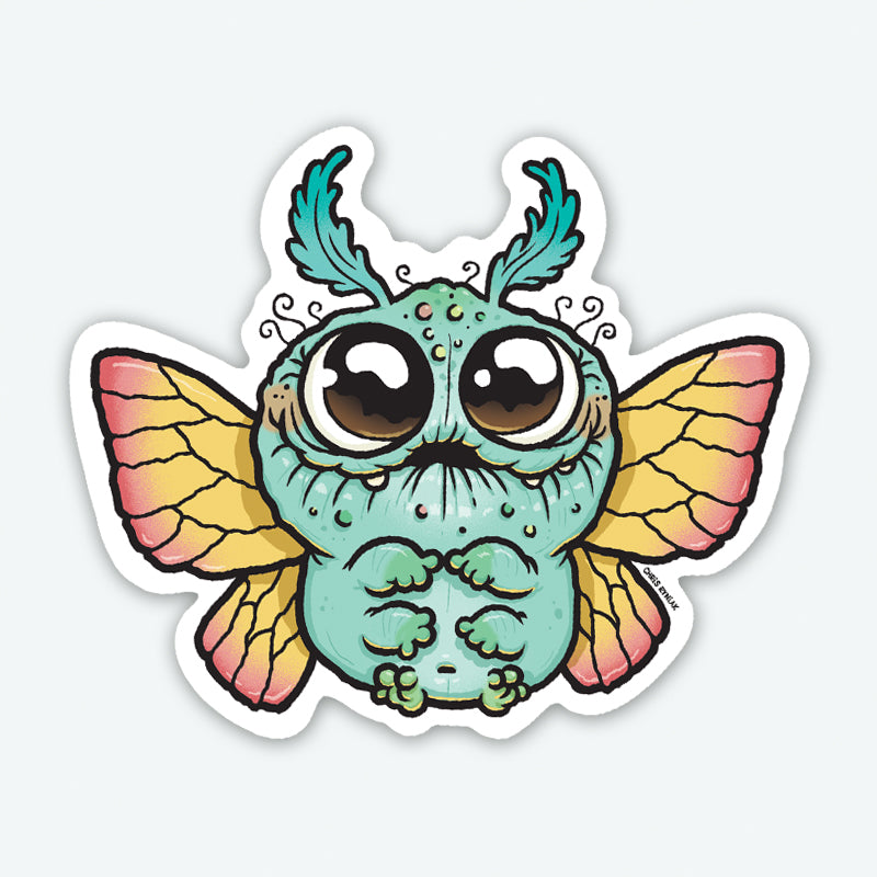 The MothPup Sticker from Bindlewood Shop is a cartoon-style vinyl sticker featuring a cute, mint-green bug with big shiny eyes, yellow-pink wings, teal antennae, tiny claws, and a sad expression on its chubby body in a matte finish.