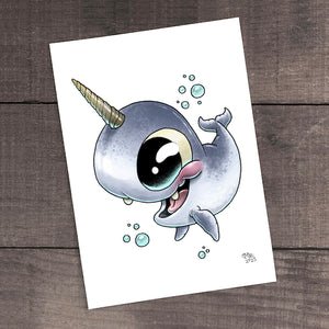 Cheerful "Happy Narwhal" cartoon illustration with a prominent horn and a playful expression, frolicking amongst bubbles on a whimsical sea adventure by Chris Ryniak, depicted on paper against a