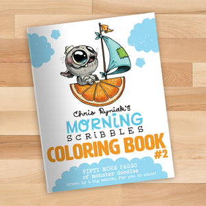 A whimsical Morning Scribbles Coloring Book #2 featuring a cute monster on a citrus slice sailboat, inviting creativity and playful coloring adventures. This high-quality coloring paper edition is perfect for artists of all ages by Bindlewood Shop.