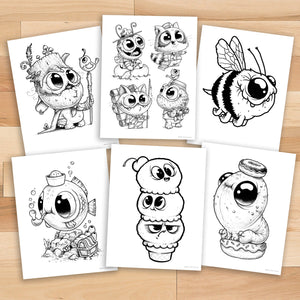 A collection of whimsical black and white illustrations featuring various cartoon characters with disproportionately large, expressive eyes in the Bindlewood Shop Morning Scribbles Coloring Book #2.