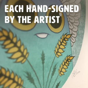 An illustration featuring a whimsical character from Thimblestump Hollow surrounded by golden wheat, highlighting the unique touch of authenticity with each "Garden Sprite" Print hand-signed by Amanda L Spayd.