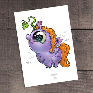An adorable, whimsical purple creature from Thimblestump Hollow with a single large eye, fiery orange mane, and a tiny green sprout atop its head, set against a white background resting - "Pumpkin Patch Pony" Print by Chris Ryniak.