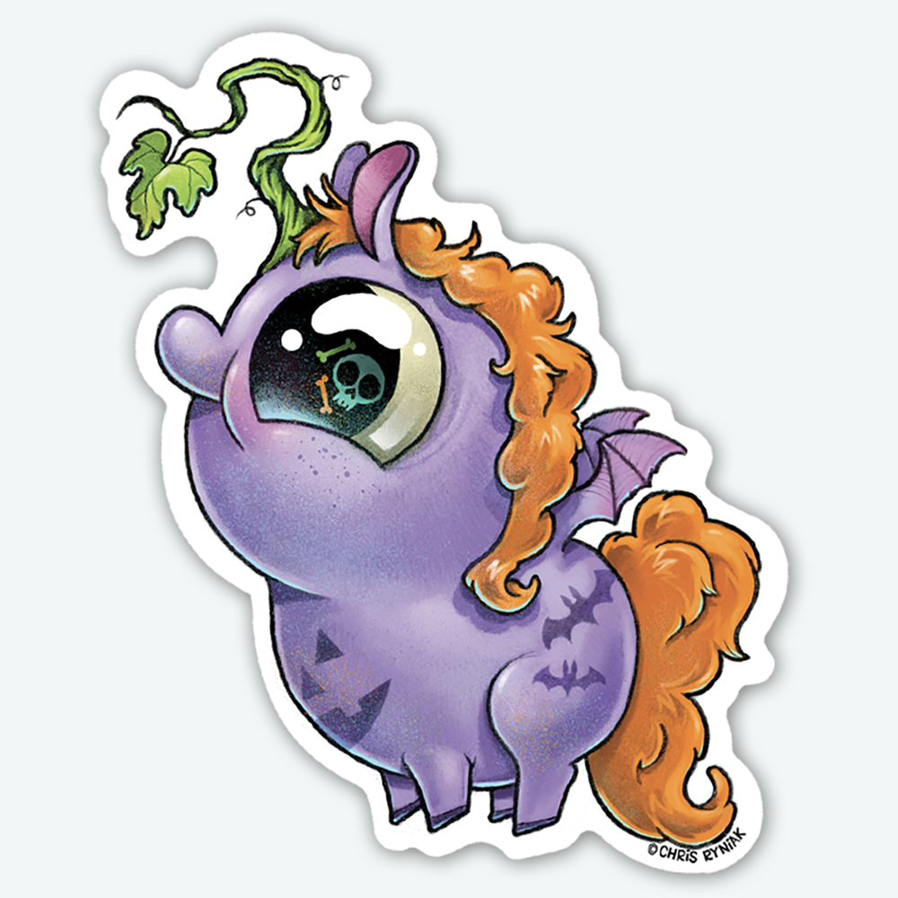 The Pumpkin Patch Pony Sticker from Bindlewood Shop features a chubby purple cartoon creature with bat wings, orange mane and tail, large eyes, and pumpkin and bat markings gazing at a floating green leaf—perfect for any sticker collection.