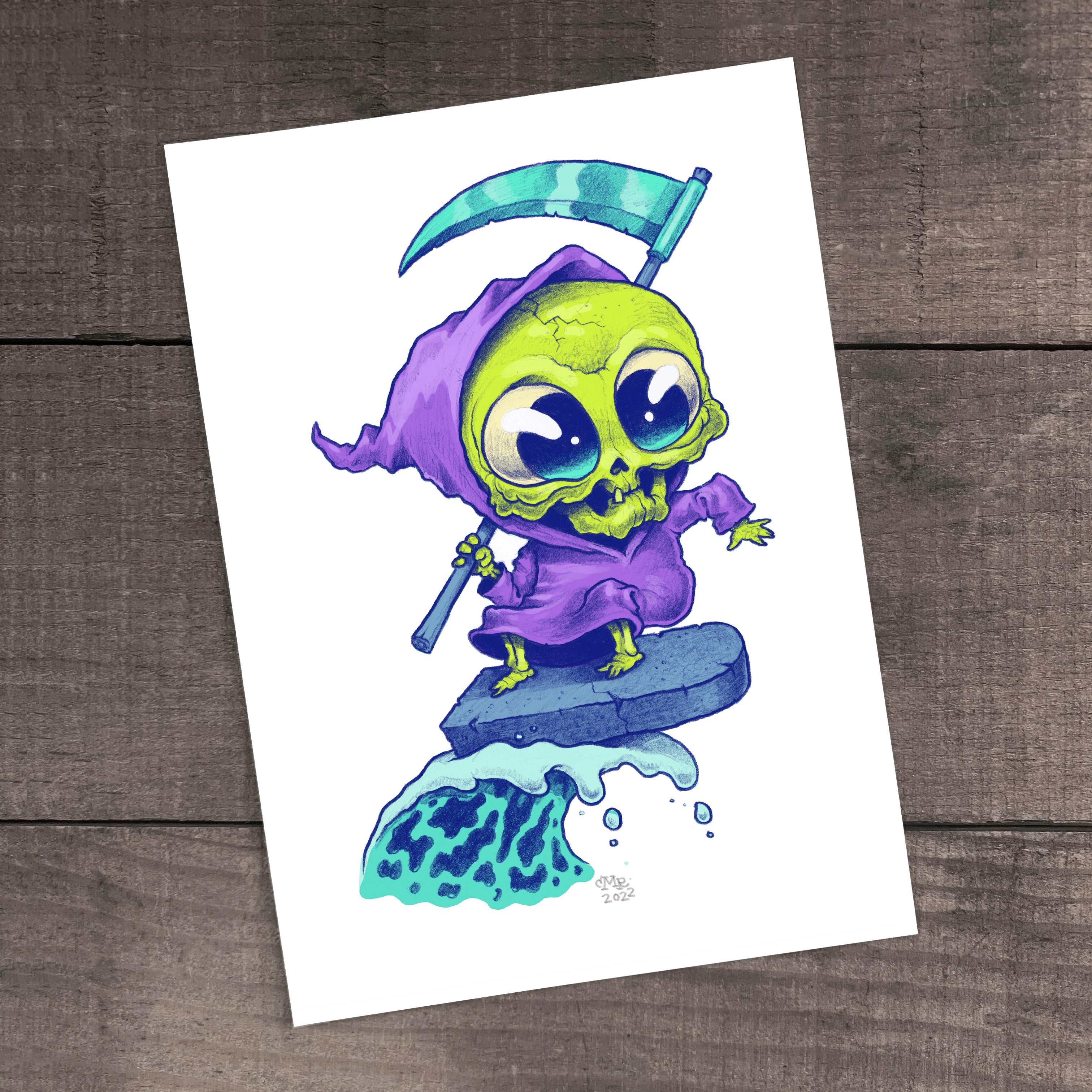 An illustrated zombie-surfer with a greenish hue riding a wave, with a scythe in hand, adding a spooky twist to a typical surfing scene in the style of Thimblestump Hollow featuring the "R.I.P. Tide" Print by Chris Ryniak.