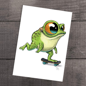 An illustrated "Skater Frog" print with oversized eyes skateboarding on a wooden floor, inspired by the whimsical world of Thimblestump Hollow by Chris Ryniak.