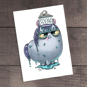 A whimsical drawing of a drenched, gloomy cartoon character from Thimblestump Hollow with a small cloud raining on it, symbolizing a streak of bad luck or persistent sadness featuring the "Soggy Pony" Print by Chris Ryniak.