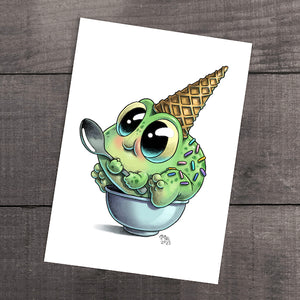 A whimsical cartoon of a wide-eyed, cute creature from Thimblestump Hollow made out of ice cream sitting in a bowl, with a waffle cone as a hat, playfully challenging "Sprinkle Frog Sundae" Print by Chris Ryniak.