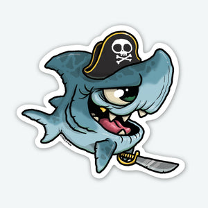 Illustration of a cartoon shark dressed as a pirate, with a black hat featuring a skull and crossbones, wielding a Bindlewood Shop Pirate Shark Sticker cutlass in its mouth.